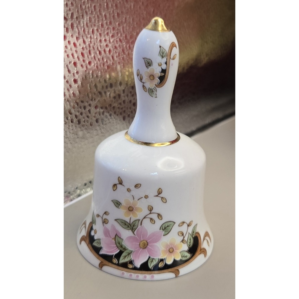 Vintage Bell Fine Bone China Pink Flowers Gold Trim 4" Tall 2.5" Wide